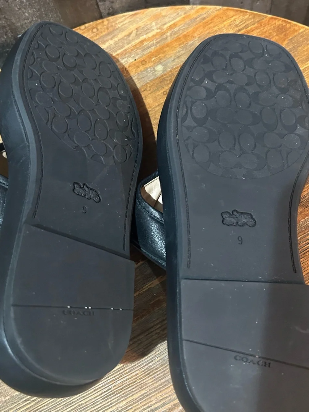Coach Black Leather Thong Sandals with Gold 'C' Logo